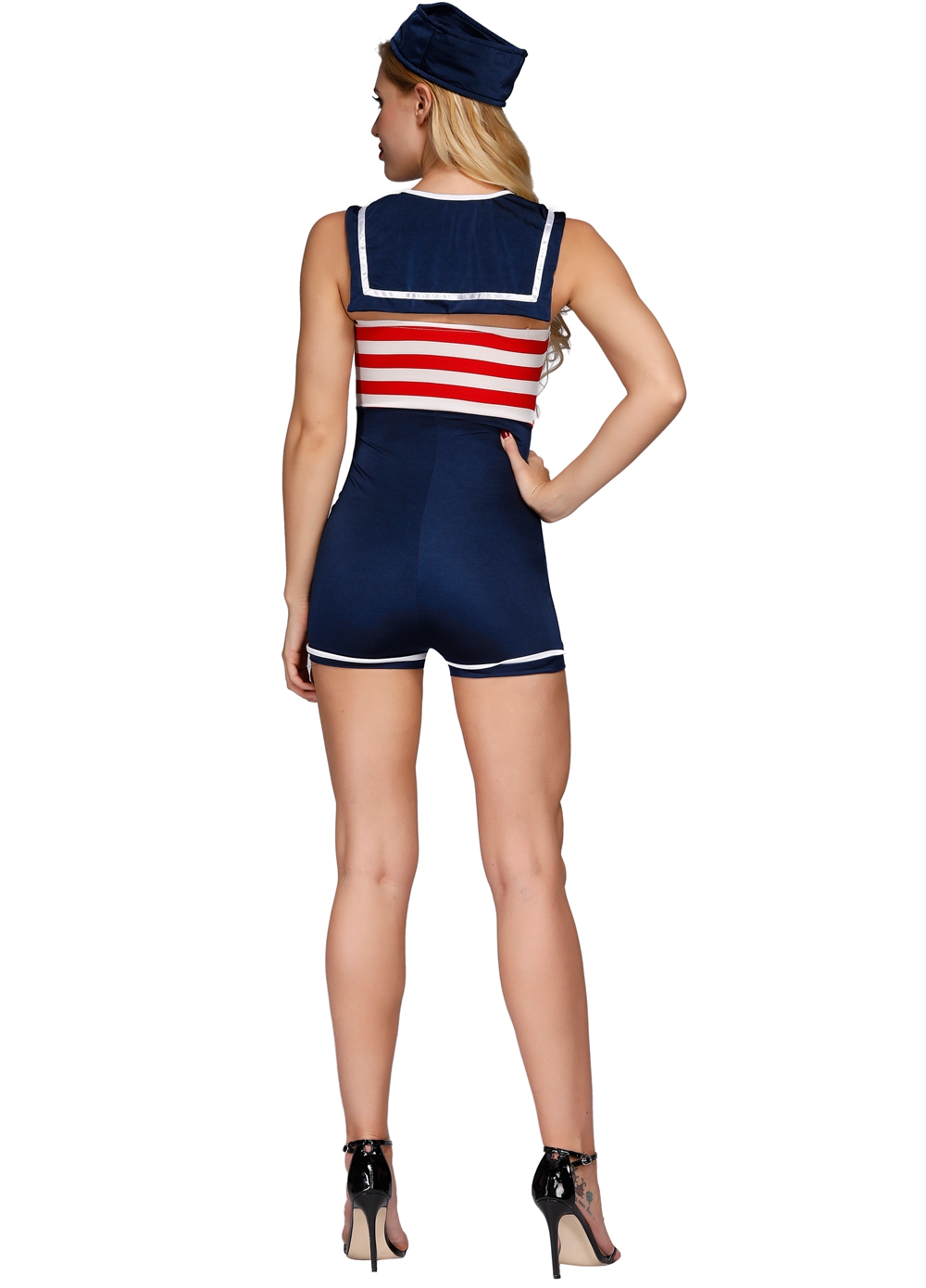 F1872 Sexy Women Navy Costume Stripe Sailor Jumpsuit Halloween Fancy Dress